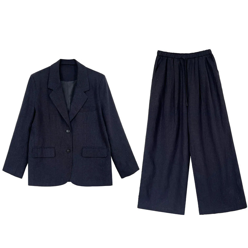 Autumn Hig-end Linen Material Blazer Jacket Sets Women 2025 Summer New Loose Wide Leg Casual Pant Ladies Clothing Office Lady