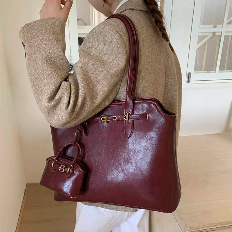 LEFTSIDE Big PU Leather Short Handle Shoulder Bag for Women 2025 Winter Luxury Tote Bag Lady Designer Retro Handbags and Purses