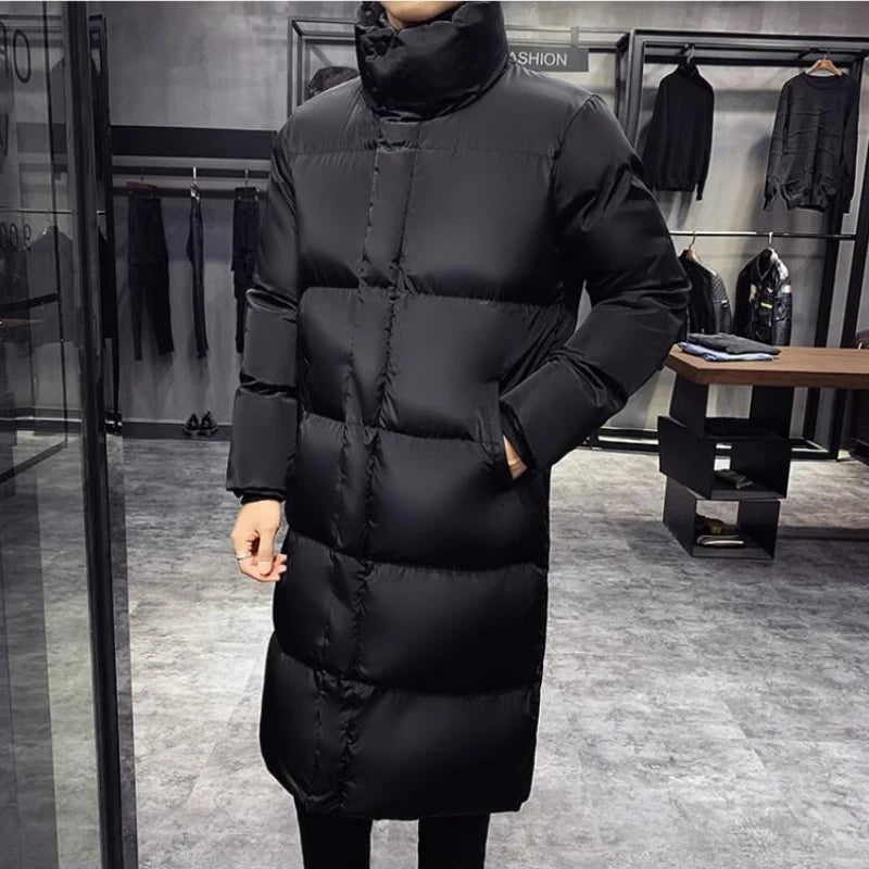 New Men's Down Jacket Mid Length Warm Standing Collar Cotton Jacket Winter Fashion Casual Men's Street Clothing Size 5XL-M