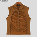 INCERUN Men Vests Solid Color Lapel Sleeveless Hollow Out Male Waistcoats Summer Streetwear Zipper Fashion Casual Vests S-3XL