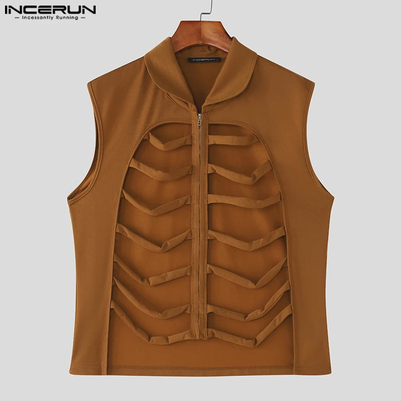 INCERUN Men Vests Solid Color Lapel Sleeveless Hollow Out Male Waistcoats Summer Streetwear Zipper Fashion Casual Vests S-3XL