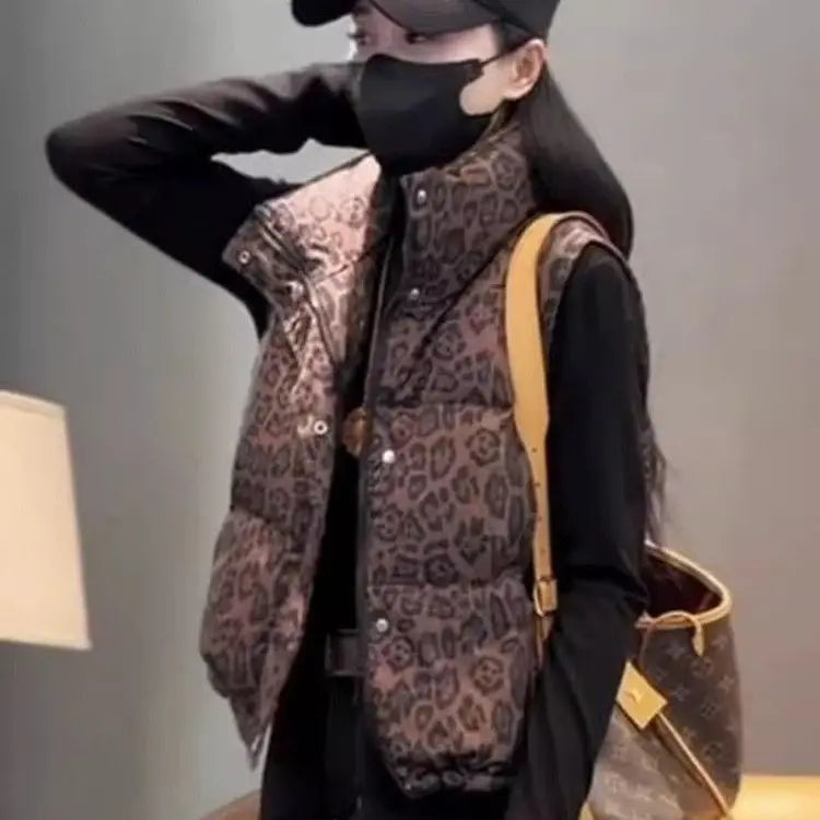 Leopard Women's Autumn Winter Sleeveless Parkas Jacket 2025 Woman Mandarin Collar Cotton Padded Vest Korean Style Waistcoat