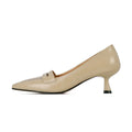 style new apricot high heels thin heel cowhide kitten heel middle mouth one pedal pointed single shoes women's super large size