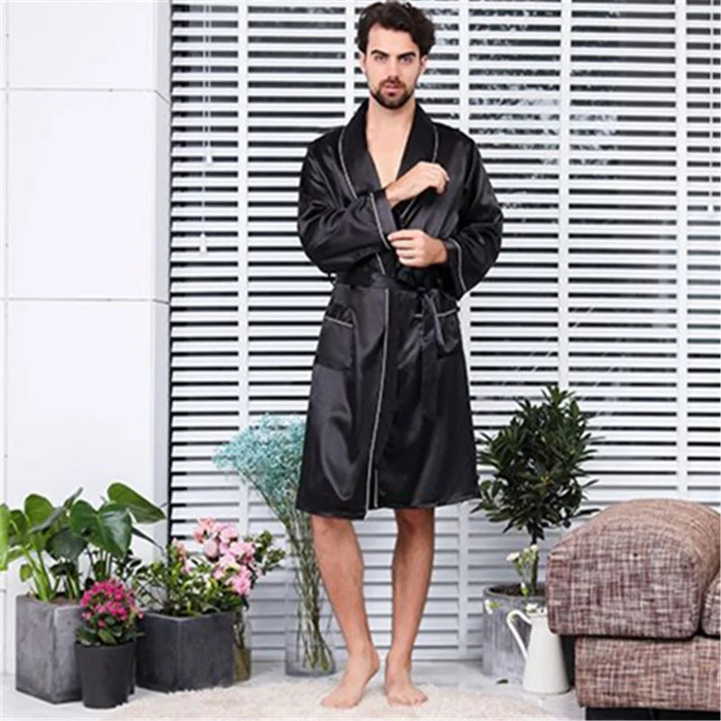 2025 Summer Men's Thin Pajamas Robes Men Homewear Long Sleeve Kimono Bathrobe Black Silk Sleepwear Male Shower Robe Nightwear