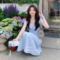 Women Sky Blue Textured Maxi Dress Lady Elegant Lace Square Neck Short Sleeve A-Line Dress Female Ethereal Date City Walk Dress
