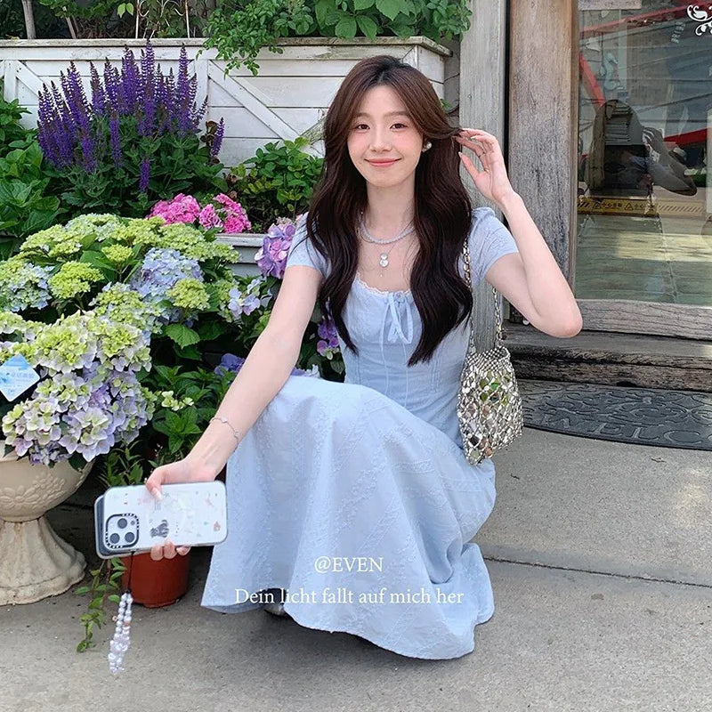 Women Sky Blue Textured Maxi Dress Lady Elegant Lace Square Neck Short Sleeve A-Line Dress Female Ethereal Date City Walk Dress