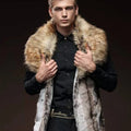 Men's Faux Fur Vest Slim Fit Lapel Big Fur Collar Short Waistcoat Men Jacket  Brown Leather Jacket Winter Warm Coat