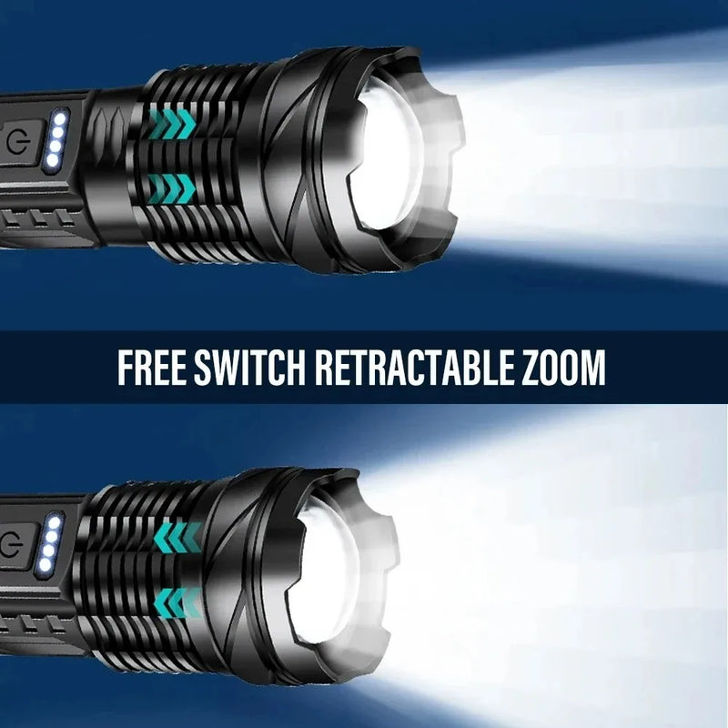 Powerful XHP50 LED Flashlight 18650 Torch Waterproof with Side Light 7 Modes USB Rechargeable Zoom Lamp for Camping Fishing