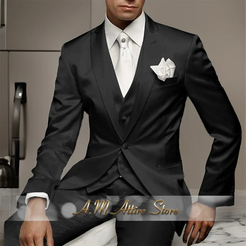 Men's Wedding Party Suits 3 Piece White Satin Mikado Jacket Vest Pants Set for Summer Banquet Party Father Gift Tailored Fit