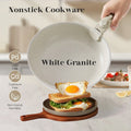 Pots And Pans Set Modern Minimalist Nonstick Cookware Set Beige Granite Coating Creamy White 12 Pcs Stackable Induction Cookware With Detachable Handle Oven Safe Space Saving For Kitchen RV Camping Cooking