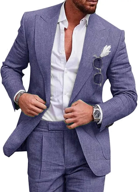 Men‘s Linen Pant Suit Set Plus - size Black Blue Single Button 2 - Piece Summer Business Formal Casual - View 11 | SAMAG