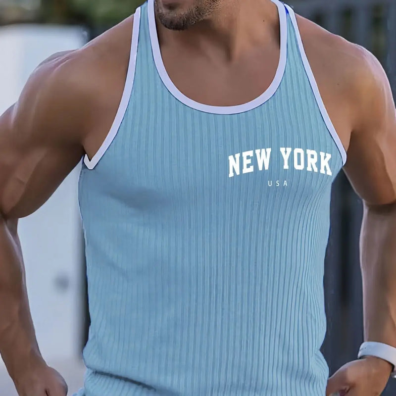 Summer European and American trendy men's fitness veststriped sports training styleslim-fitting casual vestwith letter printing
