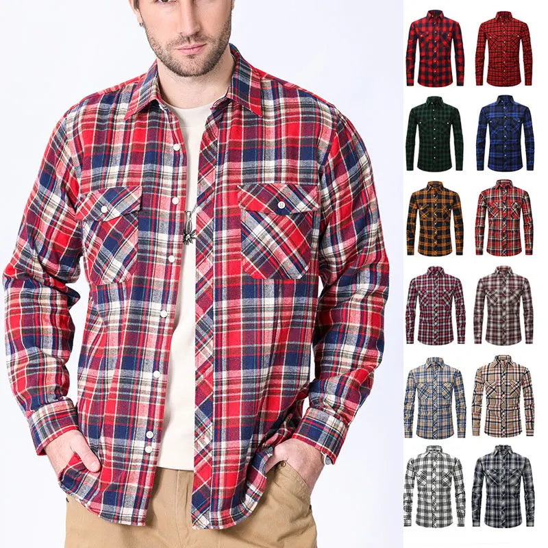 American size men's long-sleeved shirt autumn and winter flannel coat plaid casual non-ironing large size with pockets