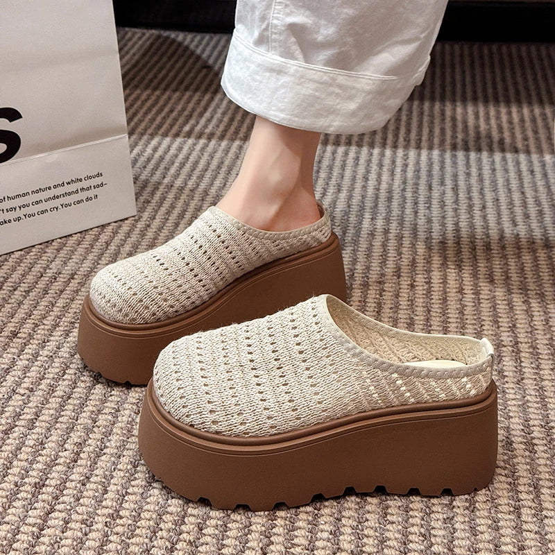 Women Ladies Summer Hollow Knit Mesh Chunky Wedge Heels Platform Round Toe Clogs Slides Casual Lazy Mules Sandals Slippers Shoes