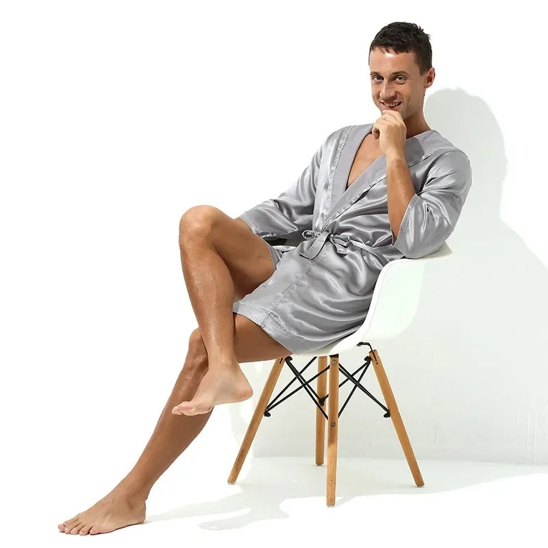 Men Bathrobe Pajamas Nightgown Hooded Loose Satin Silk Sleepwear Cardigan Gown Bath Robe Nightwear Male Sleep Bottoms Home Robes