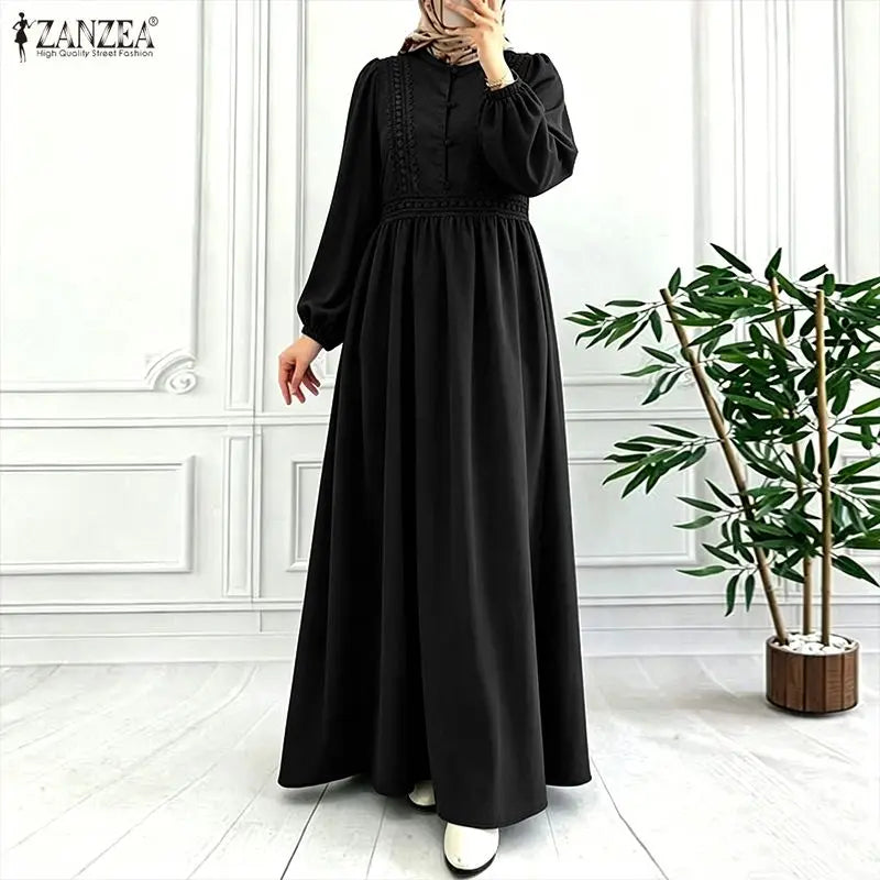 ZANZEA Muslim Women Lace Patchwork Maxi Dress Modet | SAMAG