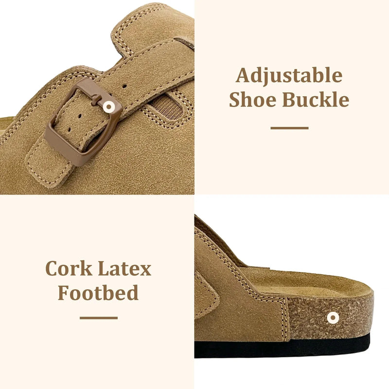 Retro Suede Leather Mule Clogs Arch Support Cork Latex Footbed Adjustable Buckle Non-Slip Indoor Outdoor Walking for Women & Men