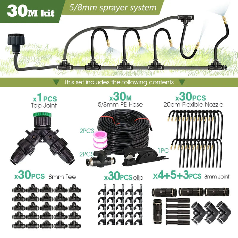 Garden 5-30M 8mm PE Hose 20cm 360° Bending Brass Nozzle Spray Kit Atomized Automatic Irrigation Equipment Plants Mist Wateriing