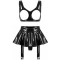 Lingerie Sexy Set Women Wetlook Patent Leather Wire-free Open Cup Sexy Bra with Ruffle Built-in Thongs Garter Belt Mini Skirts