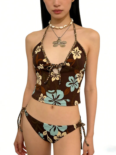 Women Y2K Tropical Floral Tankini Set, Halter Tie Front | SAMAG