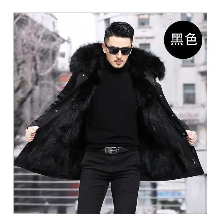Fur Coat Detachable Hooded Keep Warm Jacket Parka Men Whole Mink Liner Winter New Fur Coat Mink-like Wool Mid-Length Leather