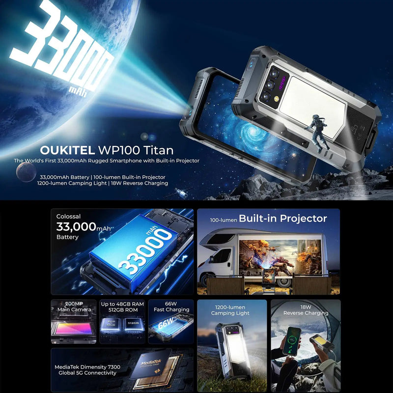 Oukitel WP100 Titan 5G Rugged Smartphone Projector 200MP Camera 33000mAh 66W 16GB+512GB 6.8'' 120Hz Camping Light Android 14 NFC