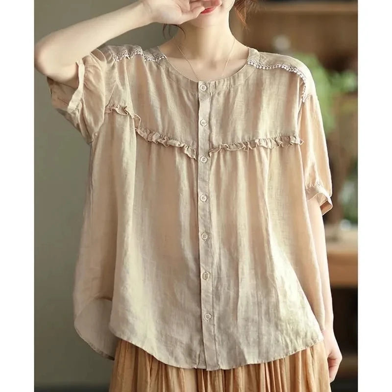 Loose Fit Cotton Linen ort Sve irt Women's Summer Doll irt Single Tail Cargo No Tagging Required round Ne Button up