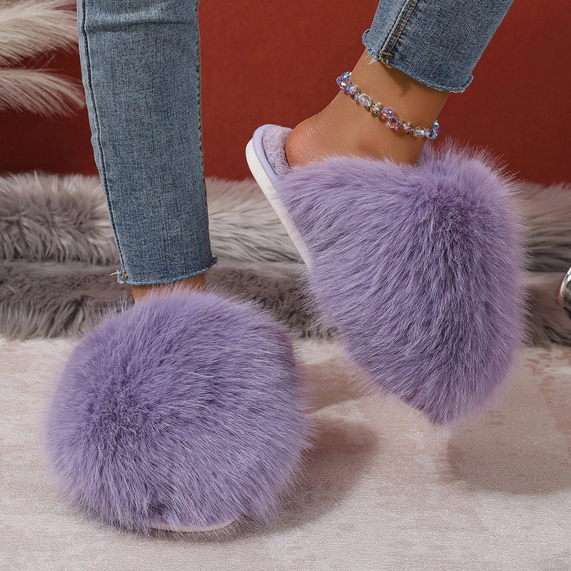 Women Indoor Slippers Winter Faux Fur Home Shoes Women 2025 New Soft Sole Fashion Warm Fluffy Slippers Solid Baotou Slides Women