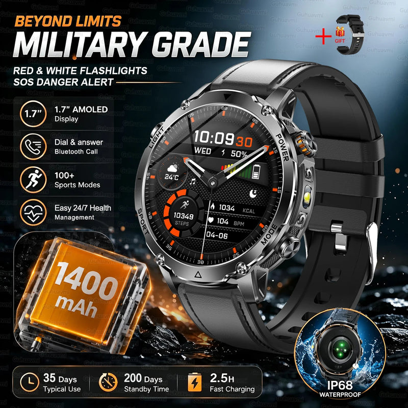 New 1400mAh Big Battery Smart Watch Men Outdoor GPS Flashlight IP68 Waterproof Bluetooth Call AMOLED Military Sports Smartwatch