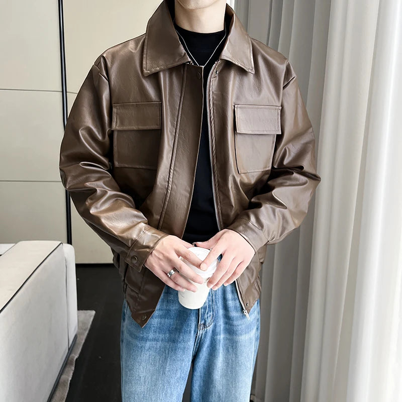 High-quality men's PU leather solid color windproof, waterproof jacket, daily fashion casual outerwear,  zipper leather jacket.