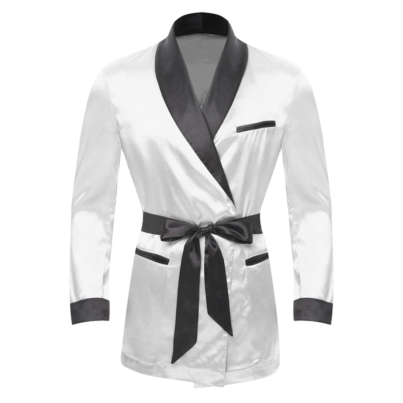 Mens Sleepwear Jacket Robe with Belt Pajamas Top Lapel Long Sleeve Side Pockets Satin Shirt Kimono Bathrobe Nightwear Loungewear