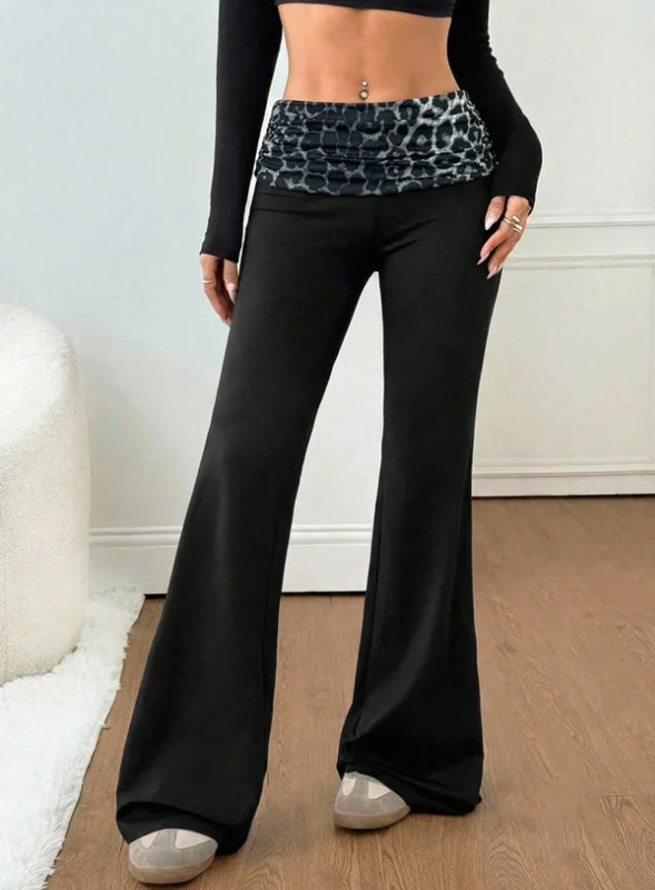 2026 Summer Women's Cross-border Sexy Leopard Print Patchwork High Waist Elastic Slim Fit Butt Lifting Slimming Flare Pants