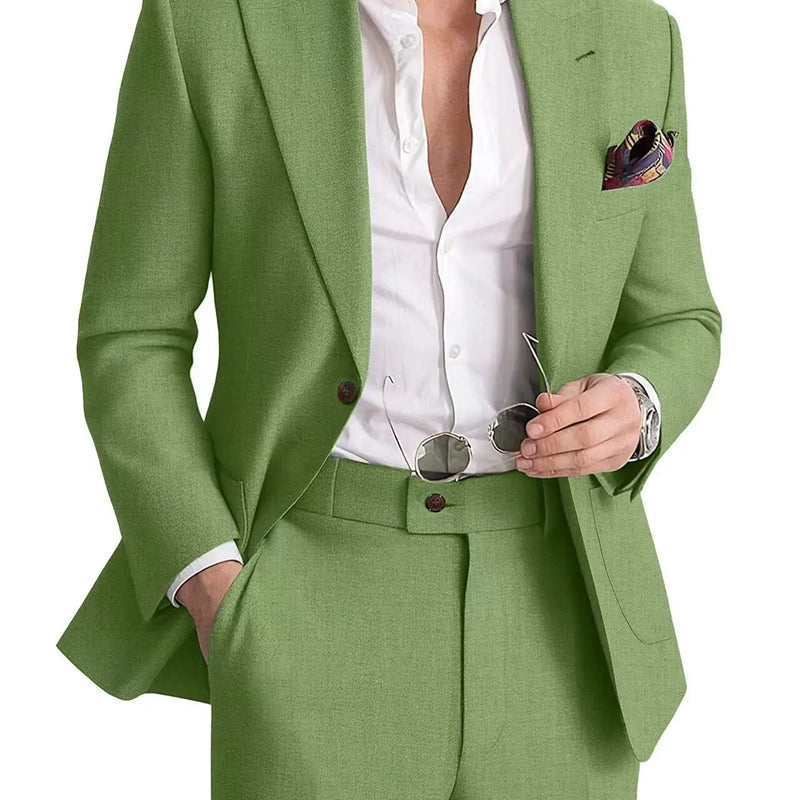 Mens Linen Suit 2 Piece Casual Suits for Men Summer Beach Groom Wedding Suit Linen Blazer Pants Set