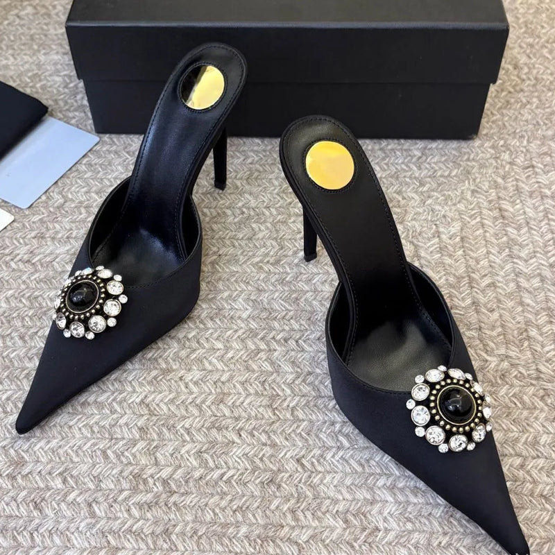 Women's new satin pointed toe toe water diamond high heels slippers party wedding high heels women's sandals