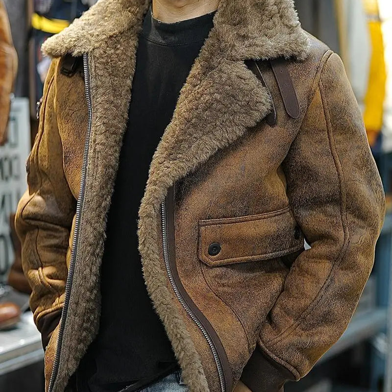 100% Polyester Winter Shearling Trucker Jacket for Men Thermal Warm Thickened Suede Lambskin American Vintage Motorcycle Coats
