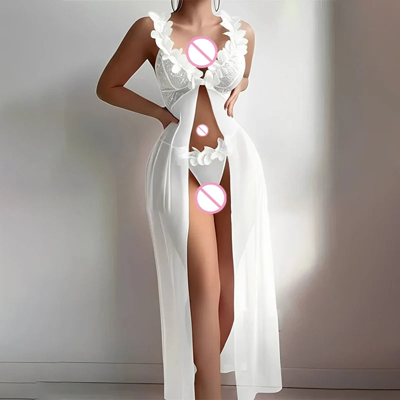 Sexy Women Nightgowns Floral Sleepwear Slip Night Dress Deep-V Lace Mesh See-through Lingerie