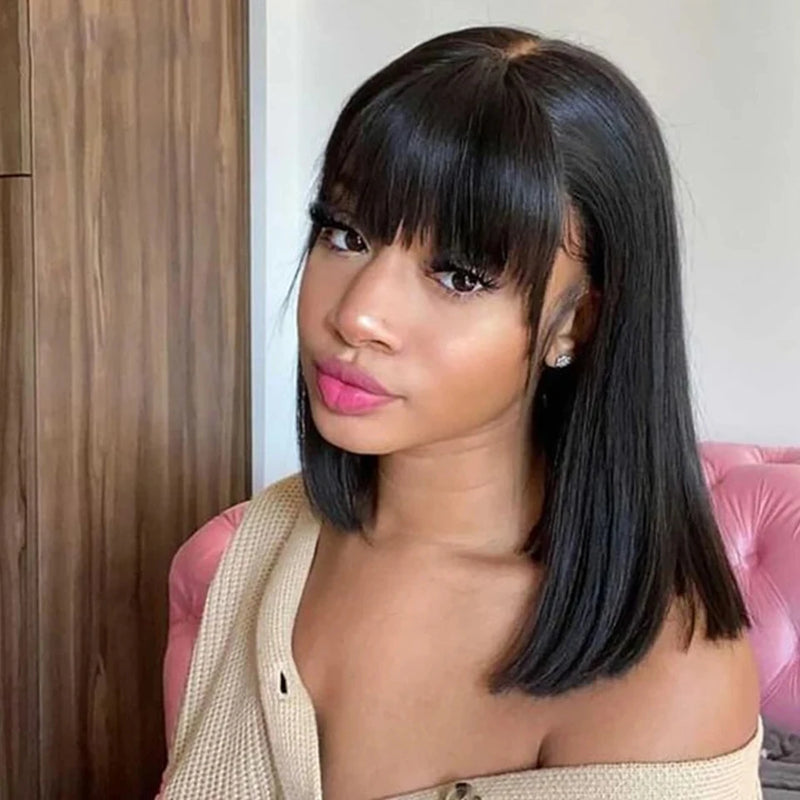 Brazilian Straight Bob Lace Front Bob Wigs With Bang Sleek Remy Human Hair Bob Wigs For Black Women Natural Easy Part Lace Wigs