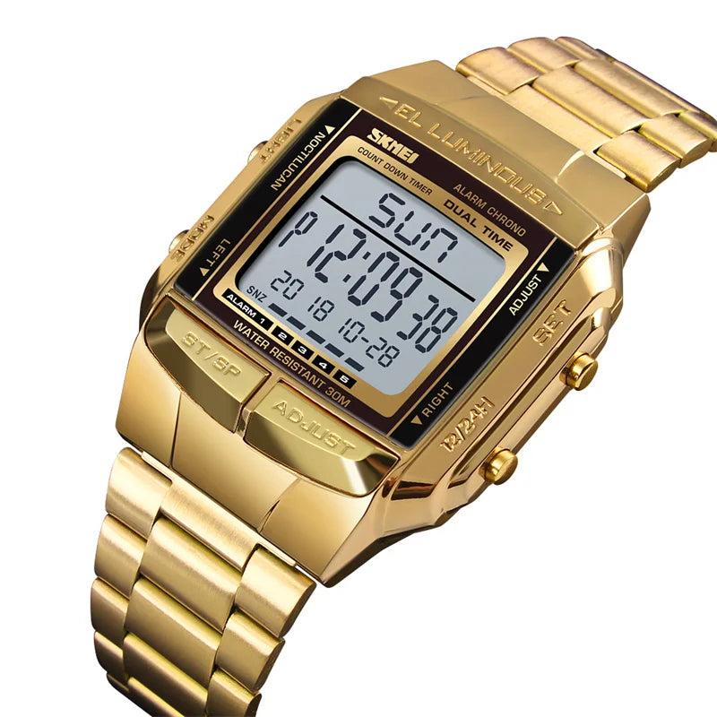 Skmei Men's Digital Sport's Watches Stainless Steel Strap 5 Alarm Clock Waterproof Led Chronograph Fashion Male Dual Time
