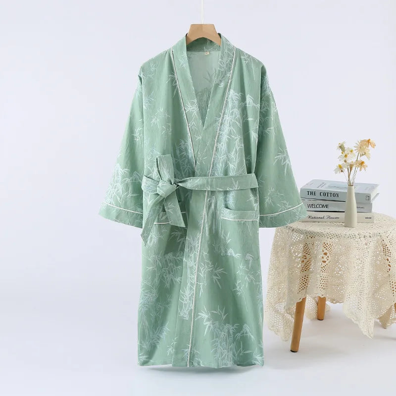 2026Couple's Printed Cotton Loose Fitting Bathrobe Japanese Style Tie Up Kimono Bathrobe Sweat Steaming Cotton Pajamas Robes Men