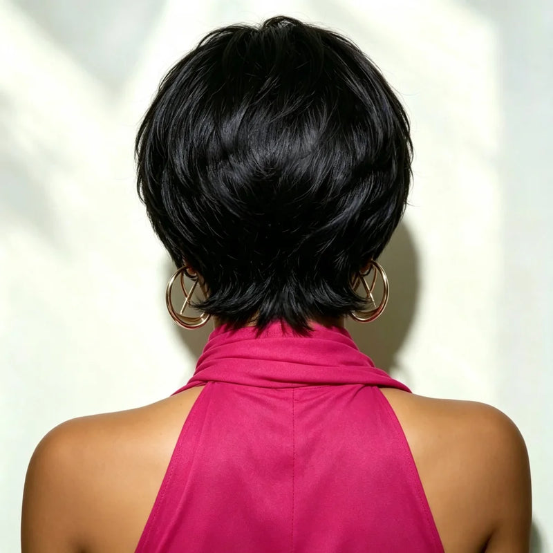 Platinum Blonde Pixie Cut Human Hair Wig With Side Bangs, Full Machine Made Short Layered Wig For Daily Party Wear