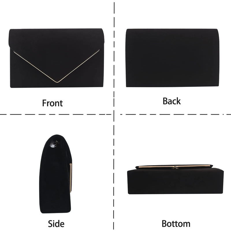 Black Faux Suede Clutch Bag Facny Elegant Formal Wedding Bridal Party Evening Purse Handbag with Shoulder Chain