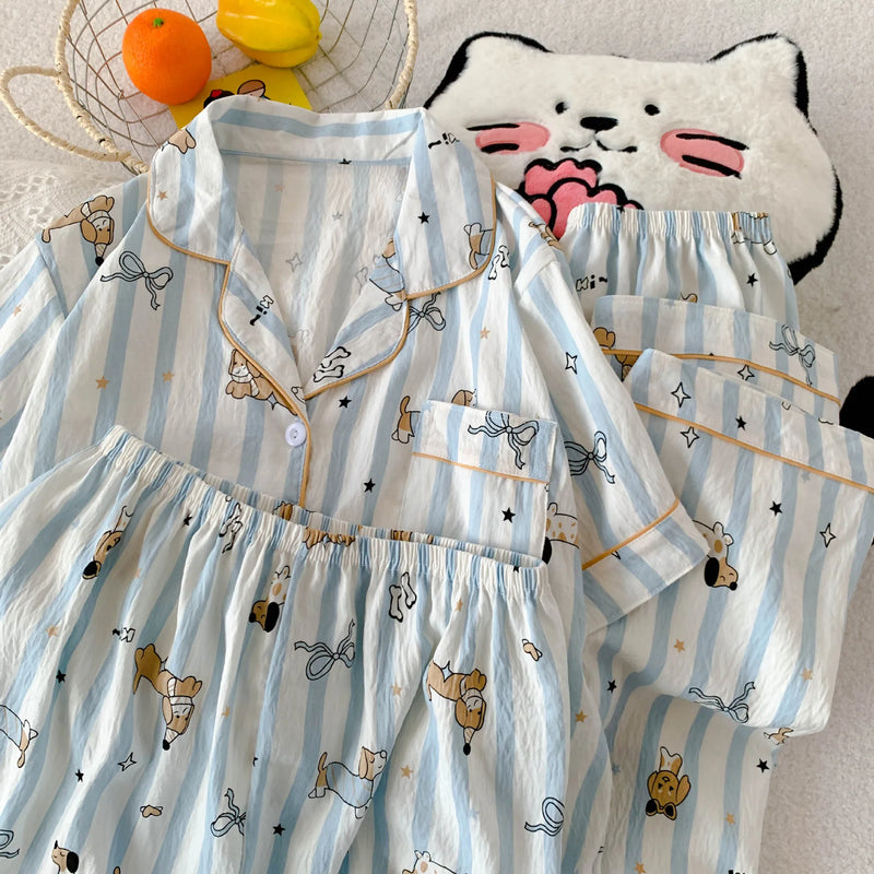 Cartoon Hello Kitty Summer Cardigan Lapel Women's Pajama Set Cloud Cotton Cute Printed Casual Loungewear Three-piece Set