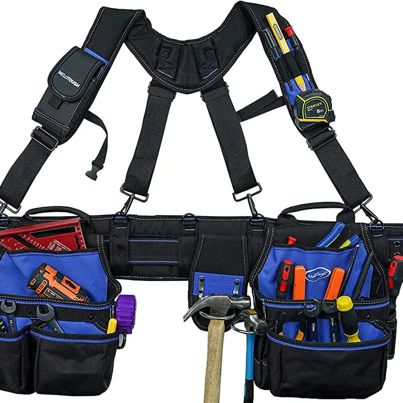 MELOTOUGH 26-Pocket Pro Framer's rig Combo Apron Tool Belt and Heavy Duty Padded Suspenders with Magnetic Desinger(Yellow)