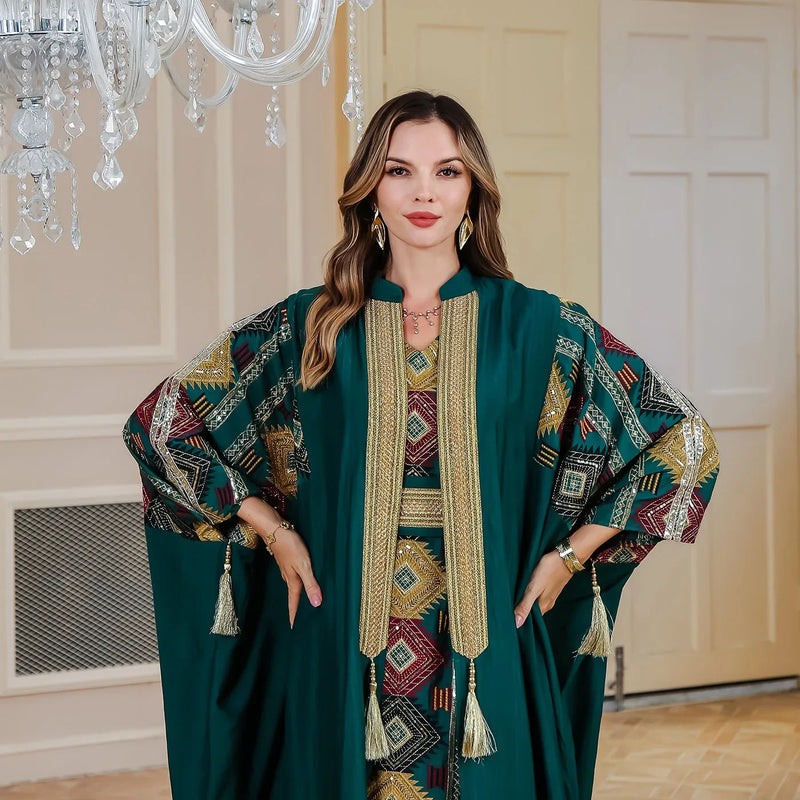 Eid Muslim 2 Piece Set Women Embroidery Dresses Open Abaya Suit Jalabiya Ramadan Dubai Kaftan Party Vestidos Cardigan Robe 2025