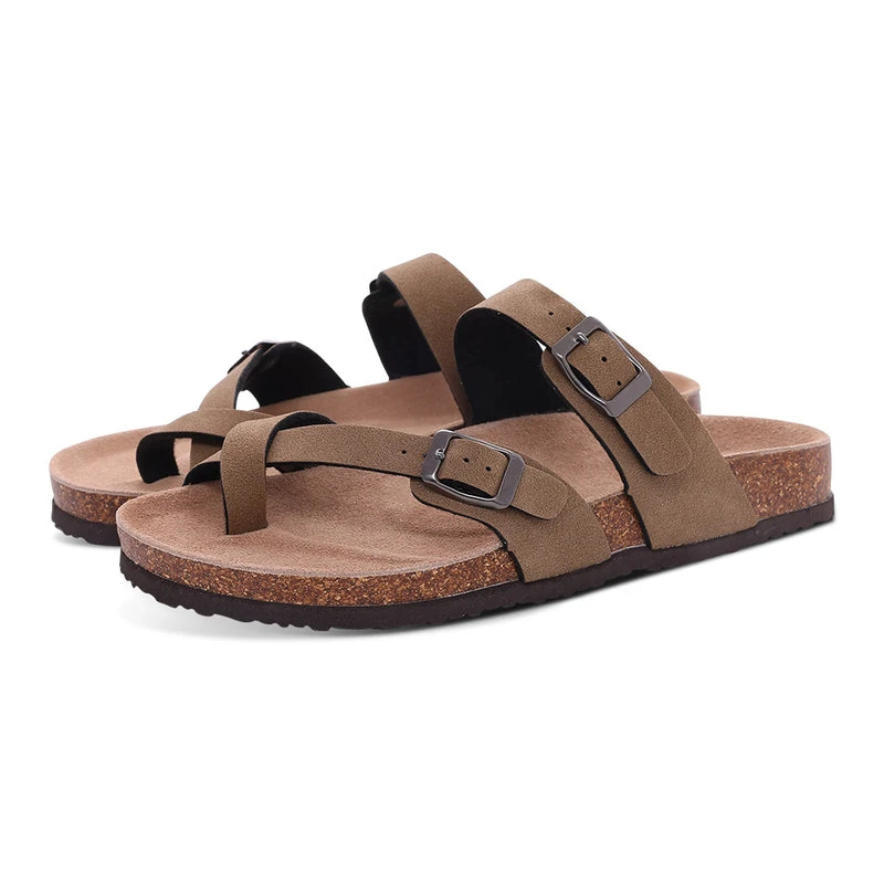 Evshine Leather Cork Footed Clogs Sandals For Women Fashion Flat Mules Slippers with Arch Support Men Double Buckle Cork Slides