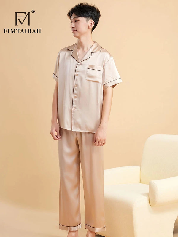 Fimtairah Real 19MMSilk 100% Mulberry Silk Pajamas Men's  Hangzhou Solid Color heavy Silk Home Wear Men's Short sleeve trousers