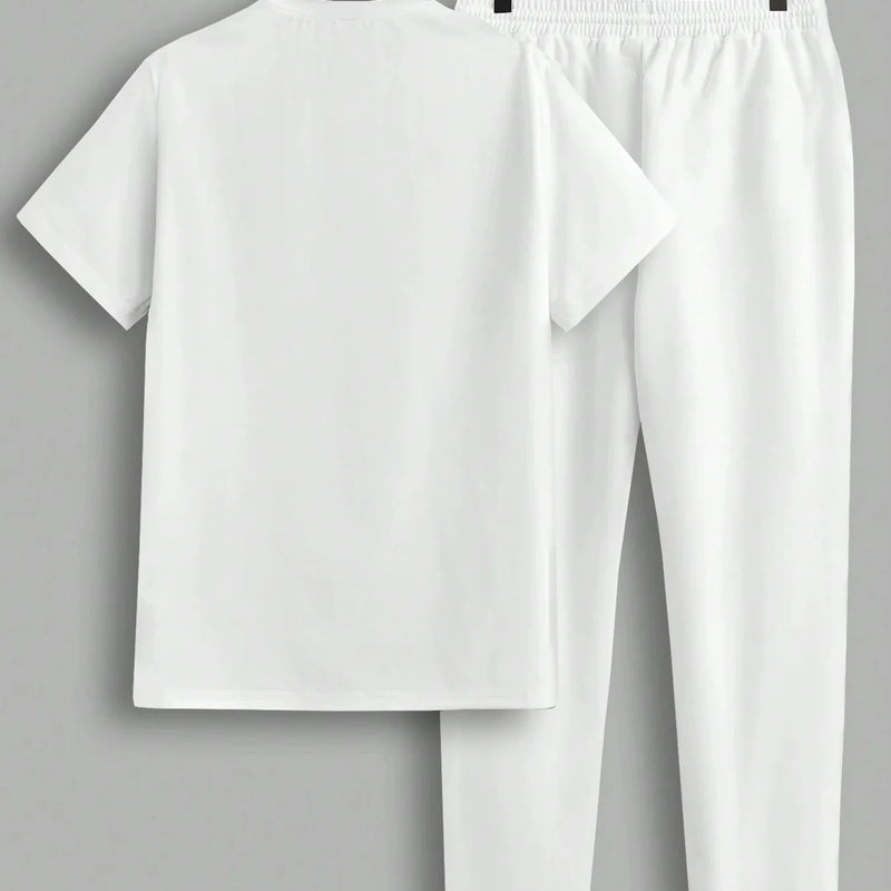 Fashionable men's polyester micro elastic letter print breathable round neck T - shirt pants set summer - View 3 | SAMAG