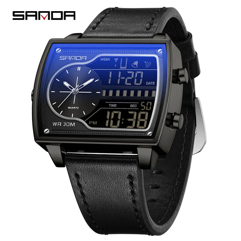 Sanda Men's Watch Fashionable Multifunctional Luminous Waterproof，Three Time Zones, Alarm Clock, Dual Display Electronic Watch