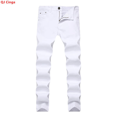 Men's White Stretch Jeans for Fall, Distressed Denim | SAMAG
