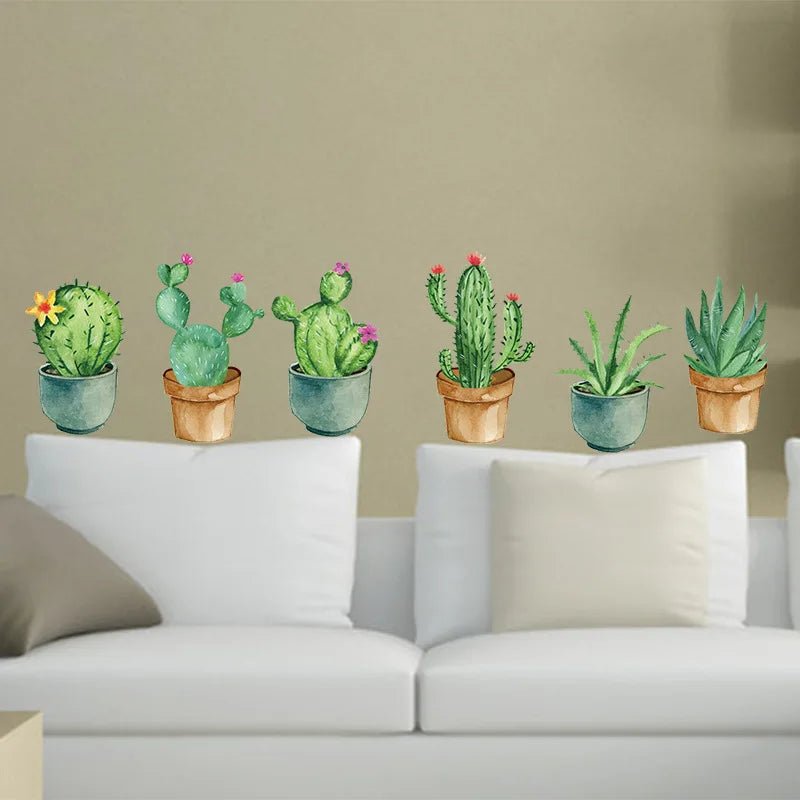 Green Garden Plant Cactus Potted Flower Pot Set 3D DIY Wall Decals/Adhesive Family Wall Sticker Mural Art Bathroom stairs Decor